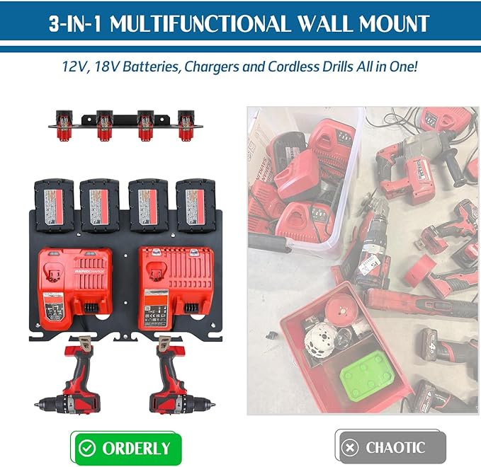 3-in-1 Metal Wall Mount for Milwaukee Charger, Battery and Drill, Battery Holder for 4×M12 & 4×M18 Batteries, Charger Holder for 2x M12-18C/2x M12-18FC/1x M18 DFC Chargers, Power Tool Organizer