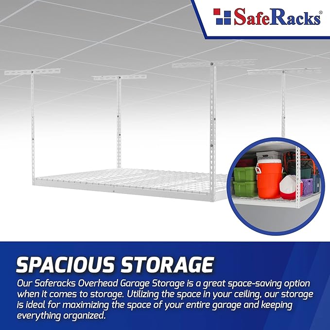 SafeRacks 4x6 Overhead Garage Storage Rack - Height Adjustable Steel Overhead Storage Rack - 500 Pound Weight Capacity (White, 24"-45")