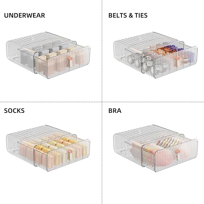 Underwear Organizer for Closet, Acrylic Socks Bra Underwear Drawer Organizer with Dividers, 24 Cell Stackable Closet Organizer and Storage Drawer for Clothing, Baby Clothes, Bra, Ties, Scarf