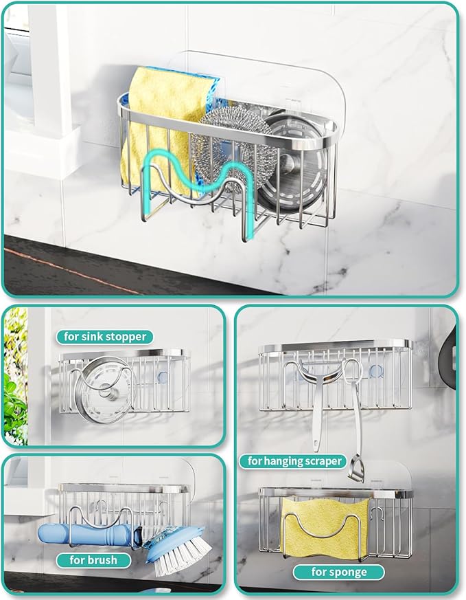 HapiRm Kitchen Sponge Holder for Sink - 2 Installation Methods Kitchen Sink Caddy Organizer with Unique M-Shaped, Rustproof Stainless Steel Sponge Caddy - Silver (Large)