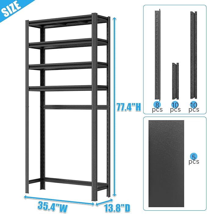 Over The Toilet Storage Shelves 5-Tier Adjustable Above Over Toilet Storage Shelf Metal Shelving Bathroom Organizers and Storage for Balcony, Living Room, Laundry Room, Kitchen, 77.4"H×35.4"W×13.8"D