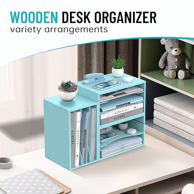 Wood Desk Organizer, 3 Tier Paper Tray Organizer for Desk with Adjustable Storage Shelves, Desktop File Organization Paper Sorter Mail Holder for Office Home Classroom, Blue