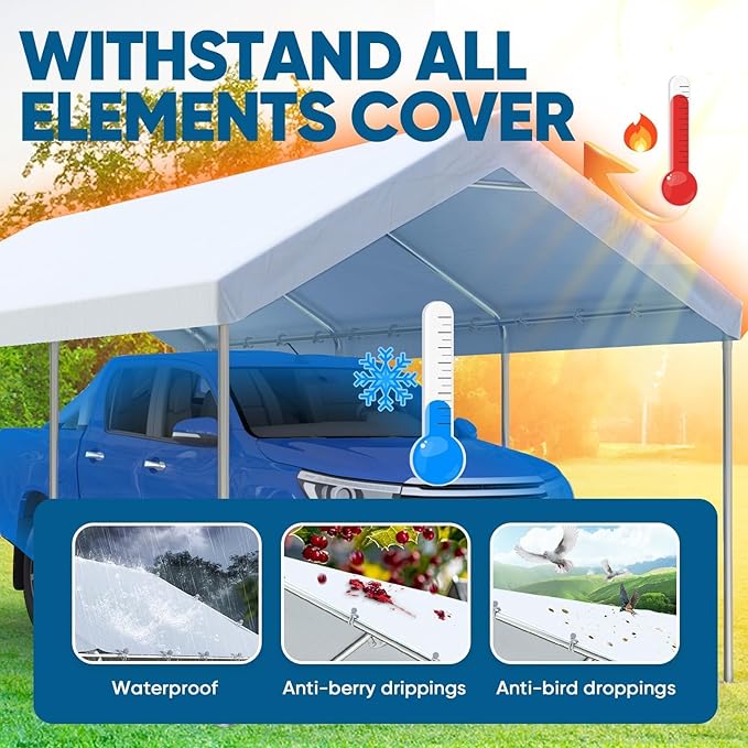 Quictent 10x20 ft Heavy Duty Carport Canopy Galvanized Car Tent Outdoor Garage Boat Shelter with Reinforced Structure, with Hanging Edge - White
