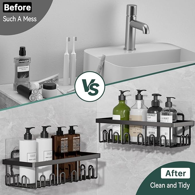 5-Pack Adhesive Shower Caddy, Rustproof Stainless Steel Organizer for Bathroom Storage with Large Capacity, No Drilling Bathroom Caddy with Soap Toothbrush Holder for Kitchen Home Black