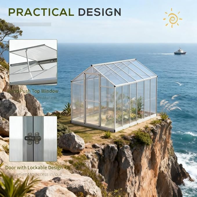 Aluminum Greenhouse with Polycarbonate Panels, Walk-in Garden Greenhouse for Outdoor Plant Growing, Durable Structure for Year-Round Gardening (Silver + Aluminum-1)