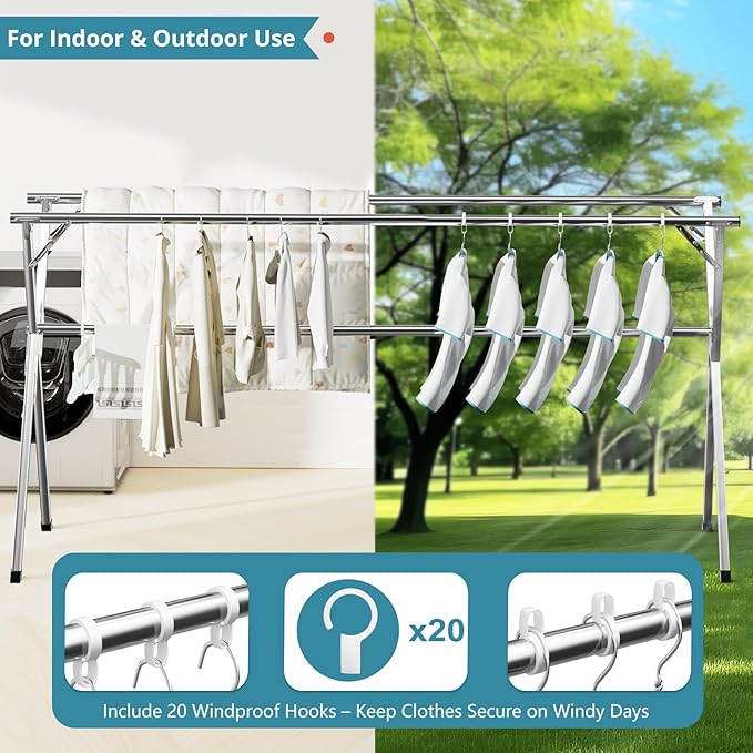JAUREE 79 Inches Clothes Drying Rack, Drying Rack Clothing Folding Indoor Outdoor, Heavy Duty Stainless Steel Laundry Rack, Foldable Portable Large Clothes Rack Garment Rack with 20 Windproof Hooks