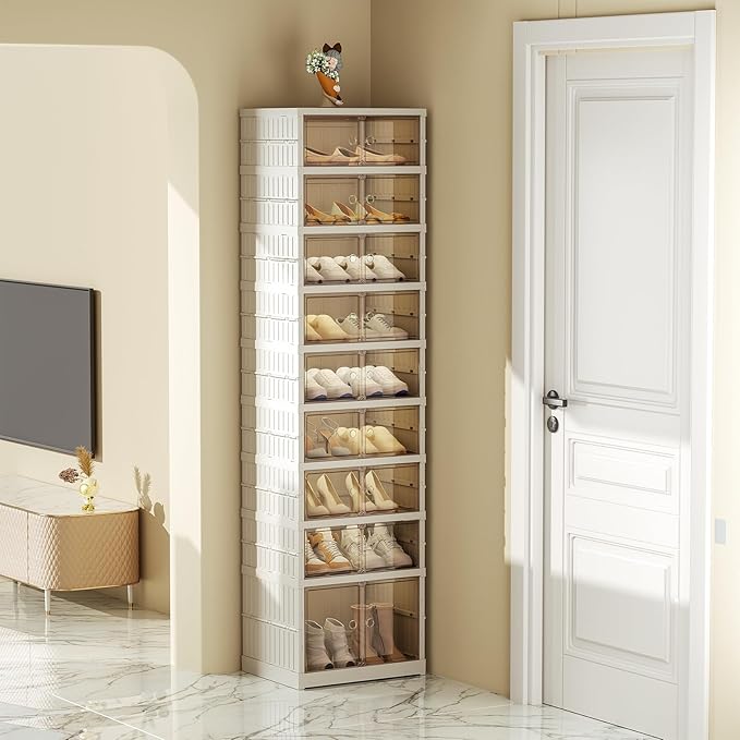 Shoe Rack Organizer for Closet Entryway 9 Tiers-18 Pairs Foldable Sneaker Storage Shoe, Collapsible Shoe Cabinet with Doors, Stackable Shoe Storage Cabinet with Lids for Living Room