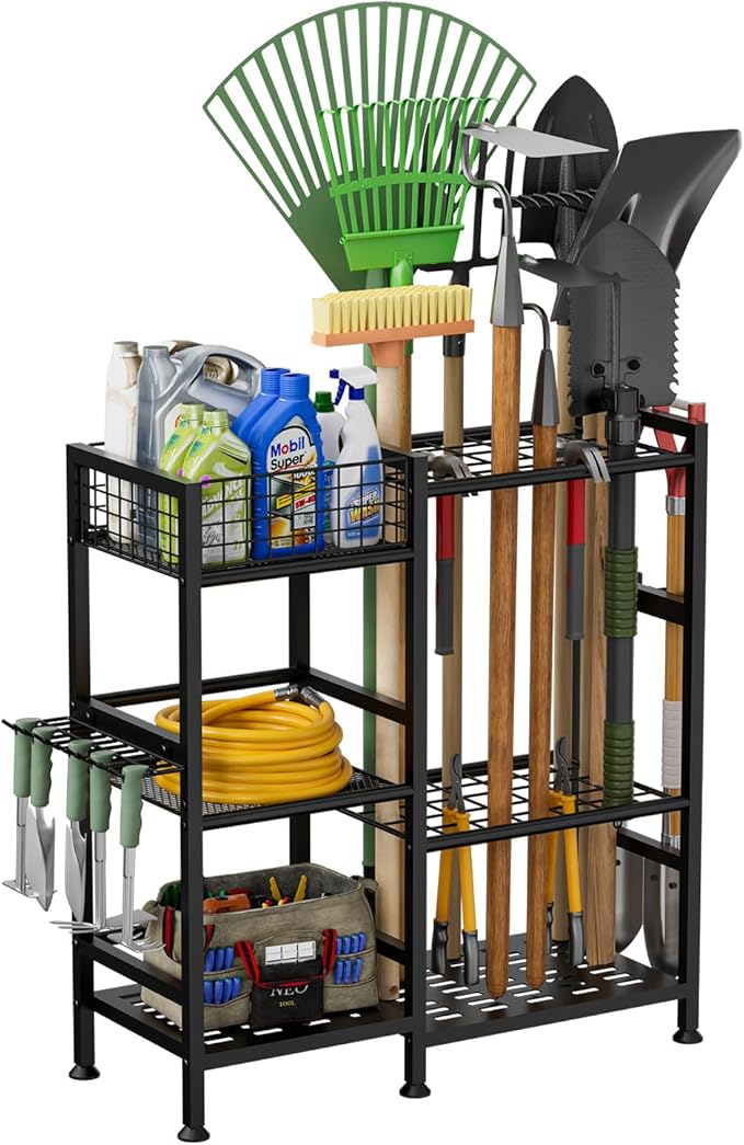 keomaisyto Garden Tool Organizer With Basket - 3 Tier Yard Storage Rack for Garage Organization, Heavy Duty Holder With 35 Long-Handled Slots for Shed, Yard, Garage