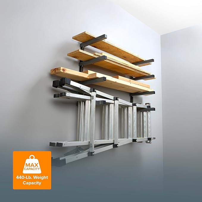 Bora 4-Level Lumber Storage Rack Wood and Garage Organization Space-Saving Metal Shelf for Pipes, Boards, Plywood, and Building Materials - PBR-004B Black Gray