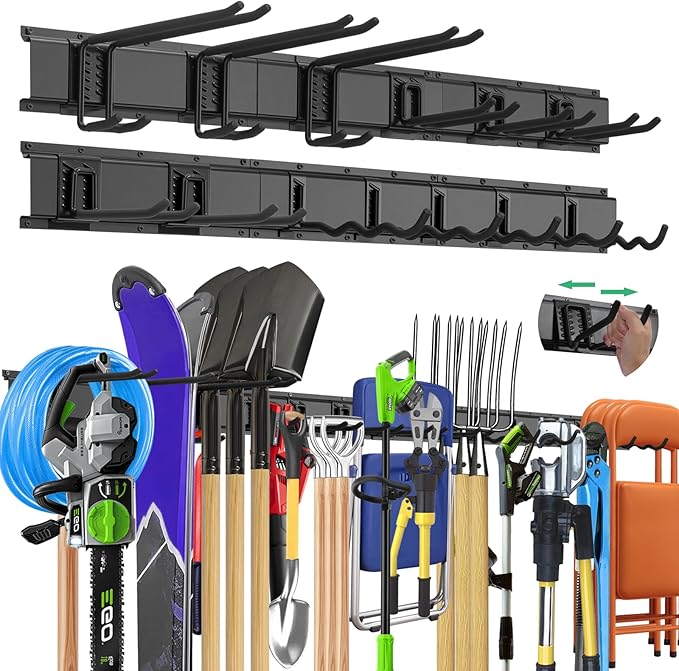 "96 Garage Tool Organizer Wall Mount - Heavy Duty 1020 lbs Metal Storage Rack, Easy Install Adjustable Hooks for Garden Tools Brooms