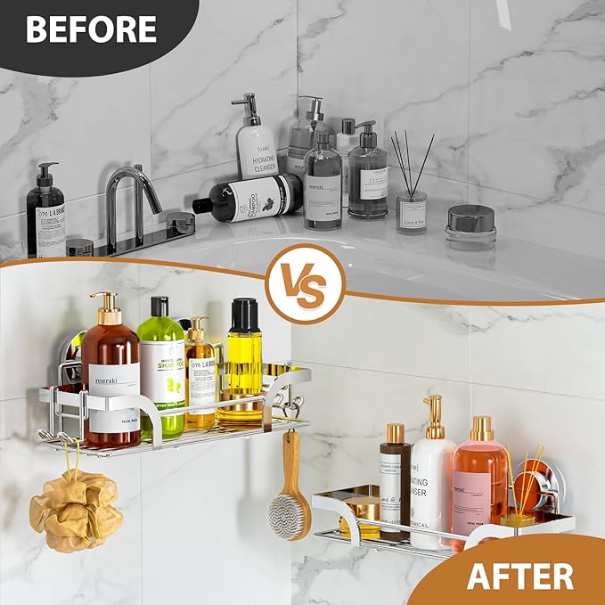 LEVERLOC Shower Caddy Suction Cup 2 Pack, Shower Shelf for Inside, Large Capacity Bathroom Organizers and Storage, Rustproof & Waterproof Metal Bath Basket, No-Drilling, Heavy Duty, Silver