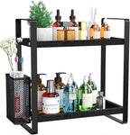LEMIKKLE Bathroom Organizer Countertop, Counter Organizer for Bathroom Decor, Wooden Sink Shelf for Vanity Storage, Makeup Tray for Perfume Skincare Bedroom Kitchen Corner (Black)