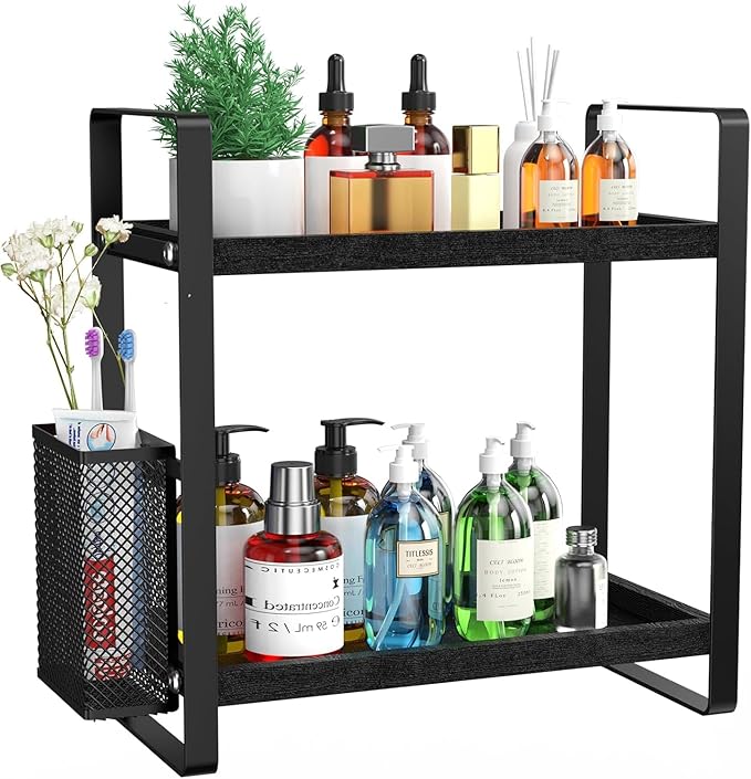 LEMIKKLE Bathroom Organizer Countertop, Counter Organizer for Bathroom Decor, Wooden Sink Shelf for Vanity Storage, Makeup Tray for Perfume Skincare Bedroom Kitchen Corner (Black)
