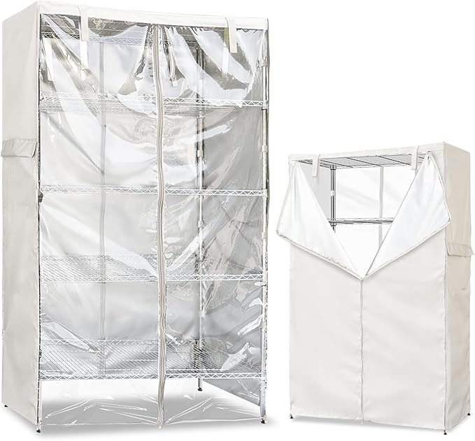 Wire Rack Covers,Heavy Duty 600D Dustproof Waterproof Storage Rack Covers for Metal Shelves,Storage Shelf Cover with Zipper for Wire Shlef,36''W x 14''D x 71''H,Beige with Clear Front