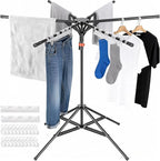 4-Leg Clothes Drying Rack with 6 Adjustable Poles,Standing Dryer,20 Windproof Hooks and 2 Sock Clips,No-Installation Drying Stand,Clothes Rack Foldable Space-Saving, Indoor and Outdoor Use Black