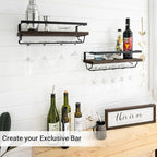 Mkono Wall Mounted Wine Rack Set of 2 Wood Rustic Wine Bottle Glass Floating Shelves with Stemware Hanger Modern Plants Photos Wine Display Storage Holder for Kitchen Dining Room Bar, 17 Inch
