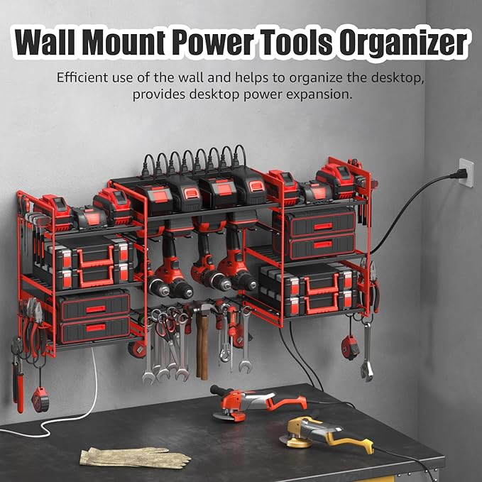 CCCEI Red Power Tool Organizer Wall Mount, Large Tools and Battery Storage Rack Charging Station Individual Switches. Drills Holder, Garage Utility Shelves with 6FT Power Strip. Gift for Men.