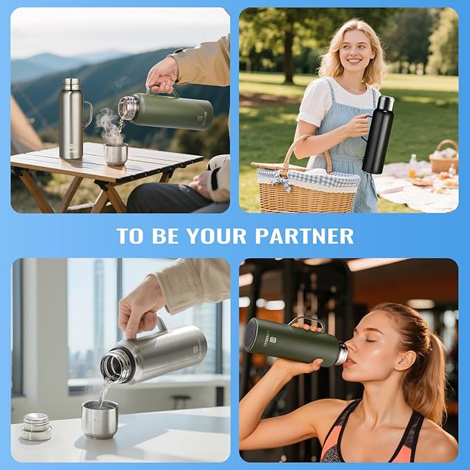 Insulated Vacuum Thermo Bottle 1500ml/50.7oz with Cup Stainless Steel Coffee Bottles for Hot and Cold Drink Water Flask.(Black, with Handle, 1500ml)