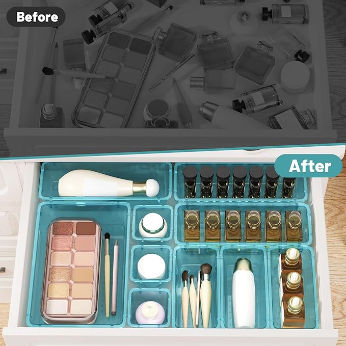 WOWBOX 40 PCS Plastic Drawer Organizer Set, 4 Sizes Desk Drawer Organization and Storage Containers for Makeup, Cosmetics, Jewelry and Gadgets in Kitchen, Bathroom, Bedroom, Office, Clear Sea Blue