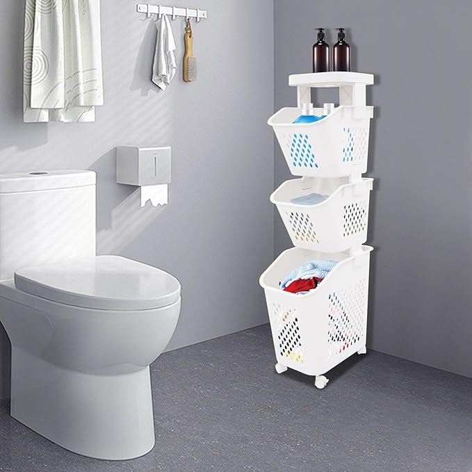 Laundry Hamper Basket Sorter, Multi-Tier PP Laundry Sorter Cart with 4 Wheels, Removable Rolling Laundry Baskets, Heightened Fence, Elevated Bottom (3-Tiers 15.1x39in)