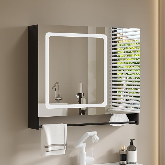 ChooChoo Bathroom Medicine Cabinet with Mirror, Modern Mirror Cabinet with LED Lights, Bathroom Wall Cabinet with Adjustable Shleves, Towel Bar, Black