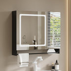 ChooChoo Bathroom Medicine Cabinet with Mirror, Modern Mirror Cabinet with LED Lights, Bathroom Wall Cabinet with Adjustable Shleves, Towel Bar, Black