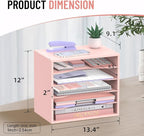 5-Tier Wood Desk Organizer, Paper Tray Organizer for Desk with Adjustable Storage Shelves, Desktop File Organization Paper Sorter Mail Holder for Office Home Classroom, Pink