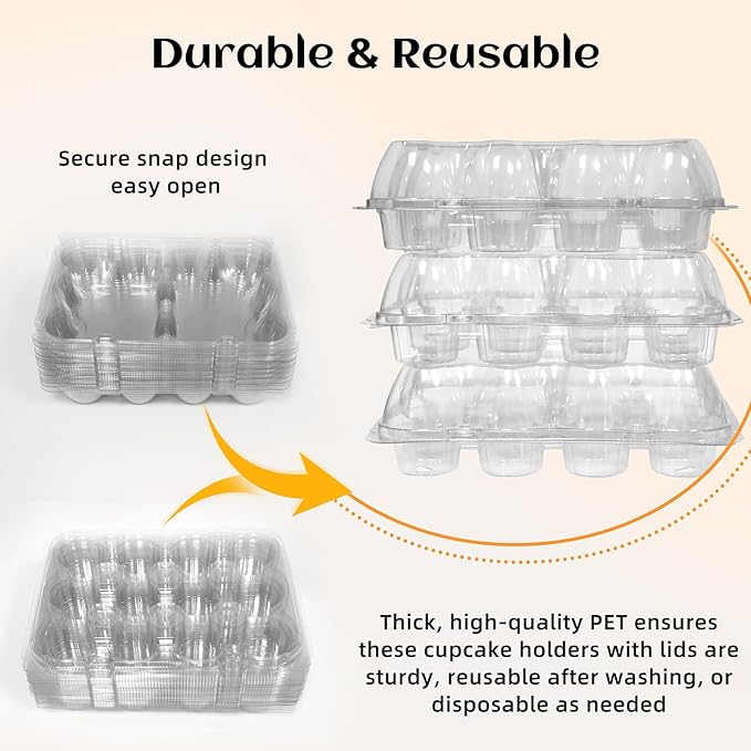 12 Count x 6 Sets Plastic Cupcake Containers, Durable and BPA-Free Cupcake Holder with Lid for Easy Transport Storage, Stackable Clear Cupcake Carriers, Reusable Dessert Boxes