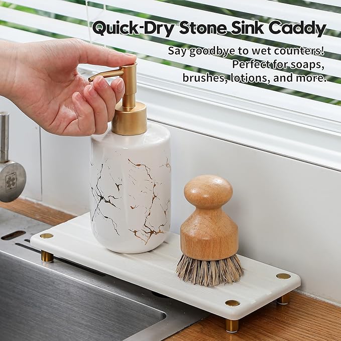 Instant Dry Sink Caddy Kitchen Sink Organizer, Quick Drying Diatomaceous Earth Stone Sink Tray Sponge Holder Soap Dish, Bathroom Countertop Vanity Dispenser Toothbrush, Gold White, 10" x 4"