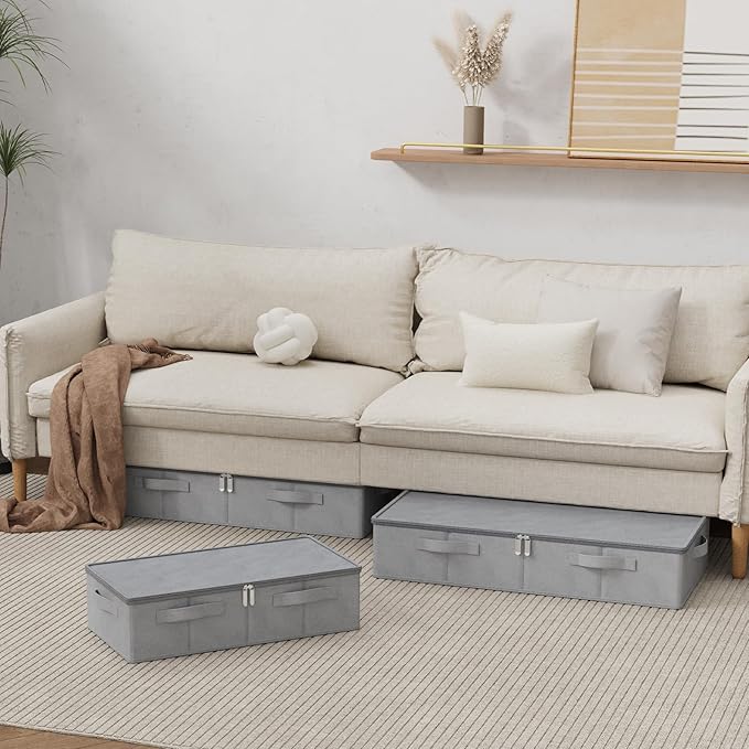 Underbed Storage Box, Foldable Under Bed Bins Container, Organizer Baskets with Lid for Organizing Clothes, Sheets, Pillows, Comforter, 31.4x15.7x5.9in, Grey, 3 Pack