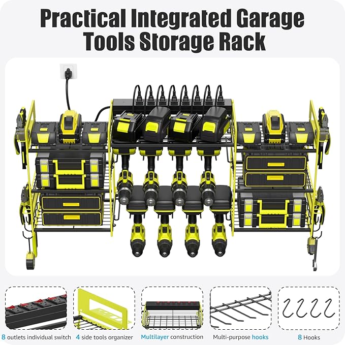 CCCEI Green Power Tool Organizer Wall Mount, Large Tools and Battery Storage Rack Charging Station Individual Switches. Drills Holder, Garage Utility Shelves with 6FT Power Strip. Gift for Men.