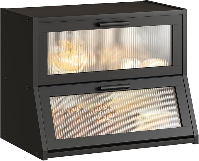 GHWIE Double Layer Bamboo Bread Box for Kitchen Counter,Large Capacity Bread Storage Bin,Bread Container with Acrylic Wavy Door Panel (Black, Medium)