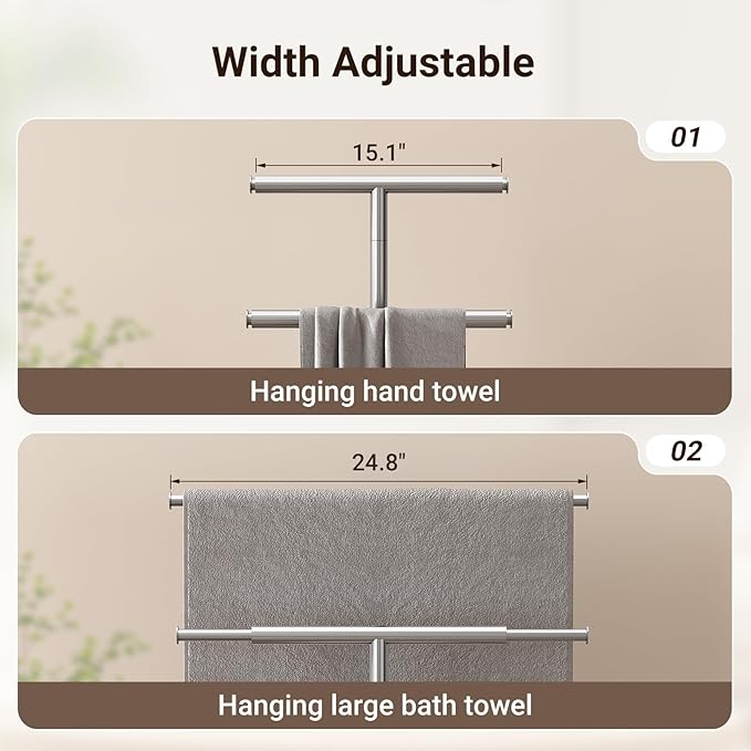 ELYKEN Standing Towel Racks for Bathroom, 2-Tier Floor Towel Holder Stand with Weighted Marble Base, Freestanding Bath Towel Rack, Width Adjustable & Stainless Steel Brushed Finish