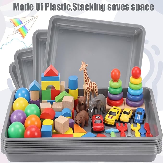Maitys 15 Pcs Flat Plastic Trays 16.1 x 11.8'' Sensory Storage Paper Tray Stackable Classroom Bins for Office Home Organizer Crafts Supplies(Gray)