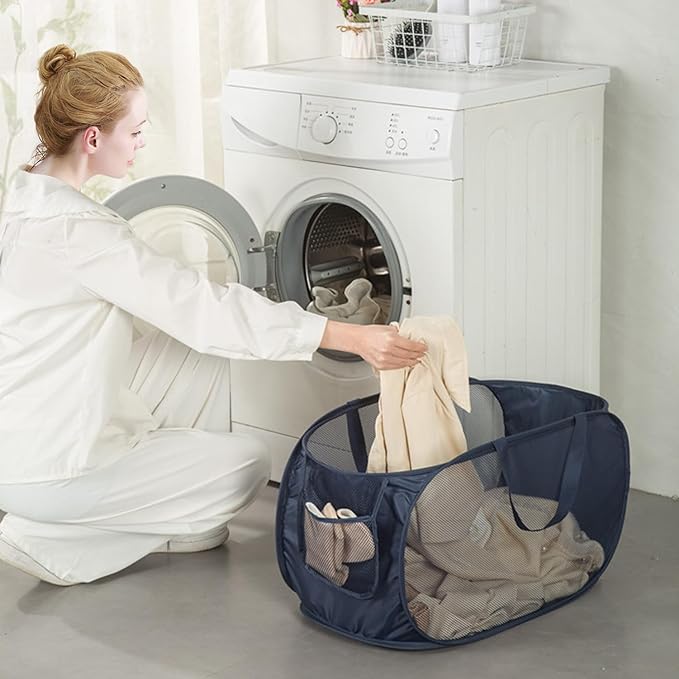 HONOMA Sturdy Mesh Laundry Hamper Basket Bag,Pop up Basket with Side Pocket for Laundry Room, Bathroom, Kids Room, College Dorm or Travel (Pop Horizontal, Grey)
