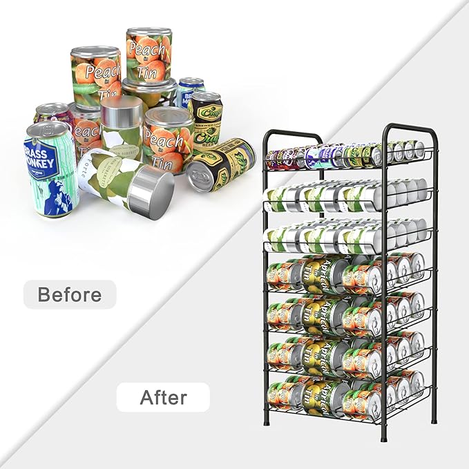 Vrisa Can Organizer for Pantry 7-tier Can Rack Organizer Metal Can Storage Dispenser Rack Holds up to 84 Cans for Canned Food Kitchen Cabinet or Pantry Shelf Black