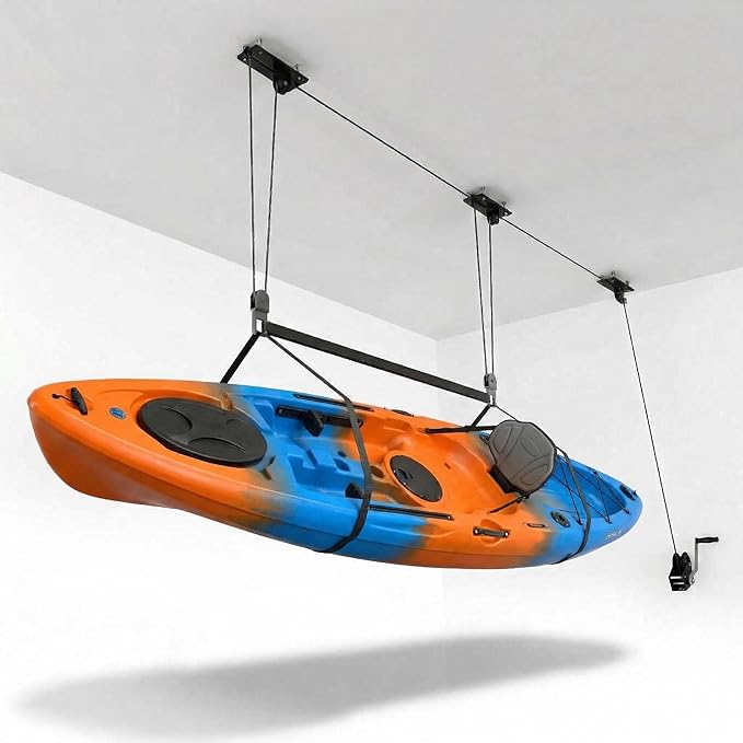 Cargo Box Garage Pulley System, Heavy‑Duty Overhead Hoist for Rooftop Cargo Boxes & Large Bins, 200 Lb Capacity, Fits 10–14 ft Garage Ceilings, Adjustable Straps & Dual Fixed‑Point Design