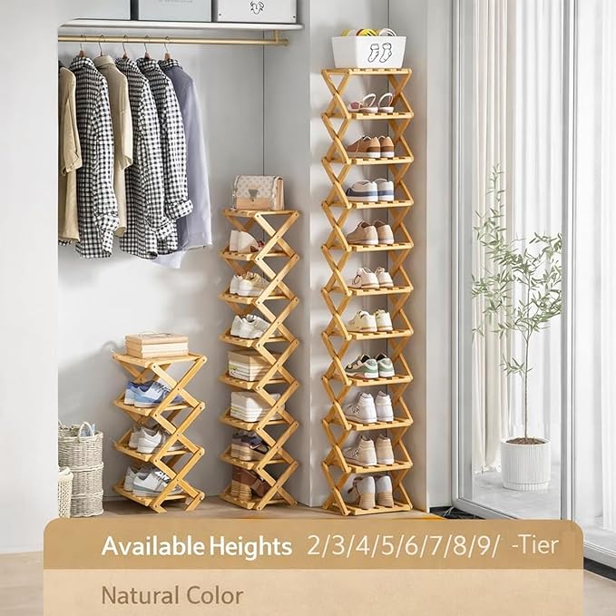 Foldable Shoe Rack, 2 - 9 Tier No-Tool Assembly Bamboo Organizer with Anti-Wobble X-Design for Small Spaces, Sturdy Vertical Storage Shelf for Entryway, Closet, Apartment & Dorm (Yellow,5 Layers)