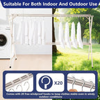 95 inches foldable clothes drying rack, heavy duty stainless steel laundry drying rack for indoor outdoor , clothes rack adjustable length. 3 additional reinforcement bars with 20 windproof hooks
