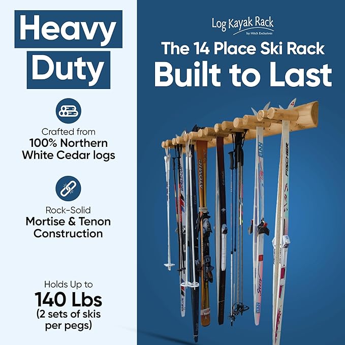 14-Place Log Ski Rack Wall Mount, Indoor Ski Storage Rack for Garage Organizers, Wooden Skis Wall Mount Storage Racks, Pole Skis Sports Racks, Garage Organization Walls - Natural