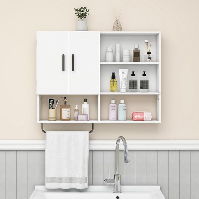 Medicine Cabinet, Wooden Bathroom Wall Cabinet with 2 Doors, Adjustable Shelves & Towel Bar, Over Toilet Storage Cabinet Wall Mounted for Kitchen & Laundry, White