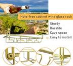 Adjustable Under Cabinet Stemware Holder - Metal Wine Glass Hanger Organizer for Kitchen, Bar, Shelf - Rustproof Hanging Storage Rack for 6-8 Glasses - Space Saving Decor (Gold, 4 Rows)