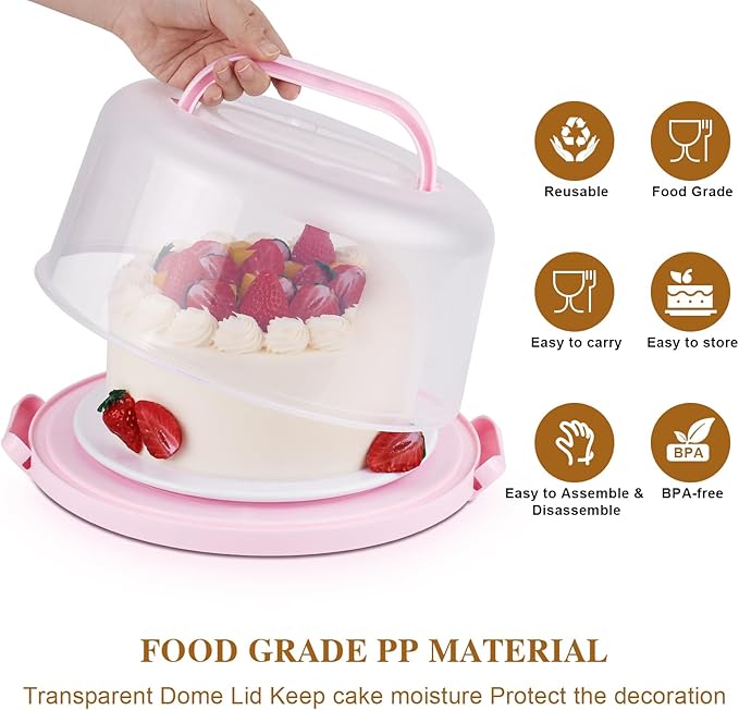 Cake Container - Cake Carrier with Lid and Handle， BPA-Free Cake Holder for 10 inch Cake with 2 Handles Cupcake Carrier - Plastic Cover Two Sided Base for Transport Pies Nuts Fruit Perfect Gifts