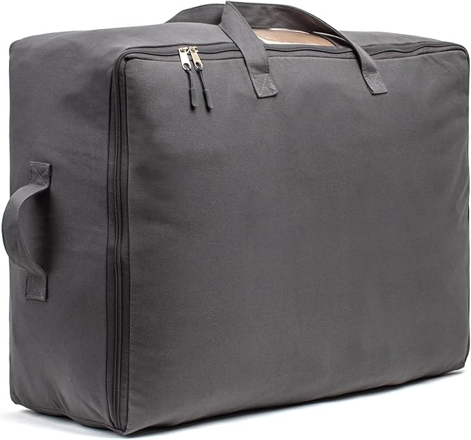 Soft Canvas Storage Bags with Zipper. Thick Breathable, 1pc King/Queen Comforter Organizer. Four Carrying Handles and Window. Large 25x19x9in Bag for Sheets Blankets Bedding Pillows, Clothes (Grey)
