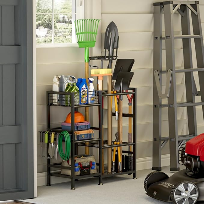 keomaisyto Garden Tool Organizer With Basket - 3 Tier Yard Storage Rack for Garage Organization, Heavy Duty Holder With 35 Long-Handled Slots for Shed, Yard, Garage