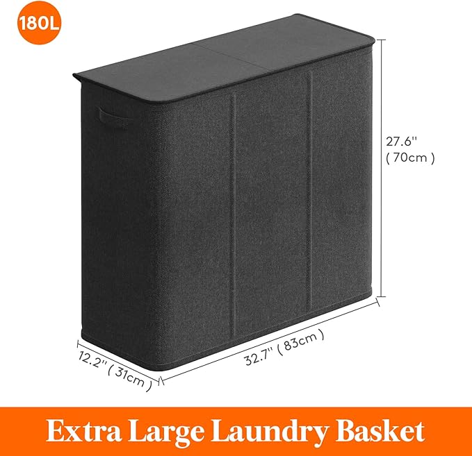 Lifewit Triple Laundry Hamper with Lid and Removable Laundry Bags, Large Collapsible 3 Dividers Dirty Clothes Basket with Handles for Bedroom, Laundry Room, Closet, Bathroom, College, 180L Dark Gray