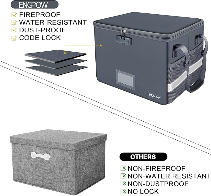 ENGPOW File Box with Lock, Fireproof Document Box with Zipper Lid, Collapsible File Organizer Storage Filing Cabinet with Handle, Portable Home Office Safe for Hanging Letter/Legal Folders, Grey