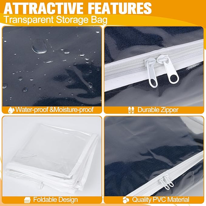 Plastic Storage Bags with Easy-Glide Zipper, Pack of 6, Durable Clear Vinyl Zippered Storage Bags for Clothes Sweaters Comforters Blankets Sheets Bedding (15.7 x 13.8 x 3.9 Inch)
