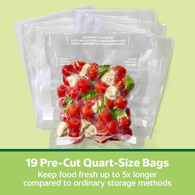 FoodSaver Quart Pre-Cut Vacuum Seal Bags, Easy Use Vacuum Storage Bags, Align to Seal and Tear to Open Vacuum Sealer Storage Bags, 19 Pack