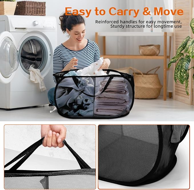 Foldable Laundry Baskets, Collapsible Mesh Laundry Hamper, Durable Pop Up Laundry Basket, 2 Compartments Clothes Hampers for Laundry, Easy to Carry & Sort for Dorm, Home, Kids Room, Travel Black